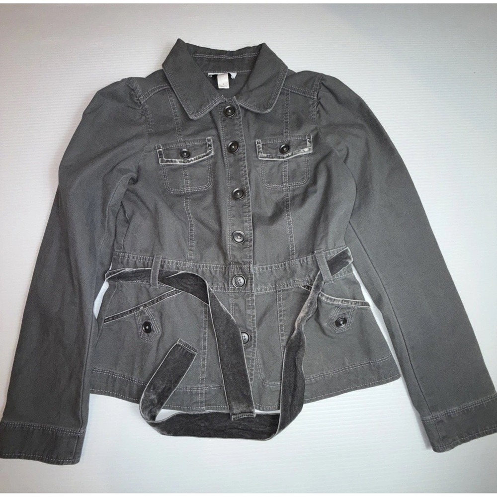 Ann Taylor Loft Size 4 Gray Belted Jacket Velveteen Trim Women's